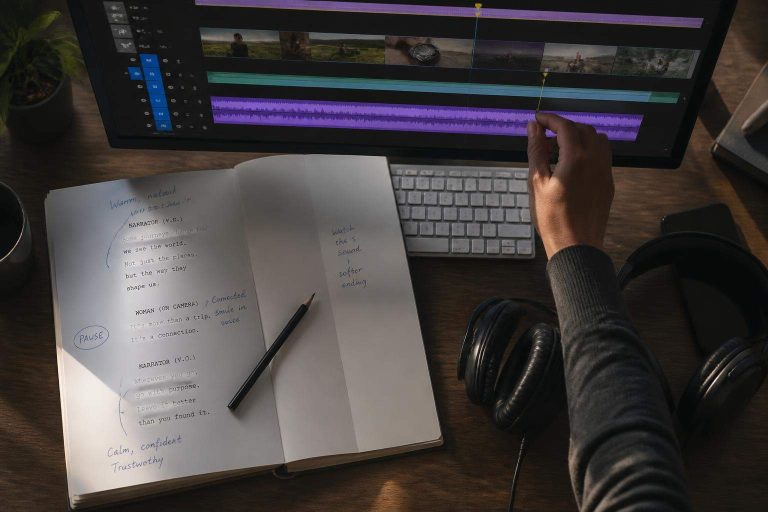 Guion en inglés americano con anotaciones de pronunciación junto a la línea de tiempo de una producción audiovisual.