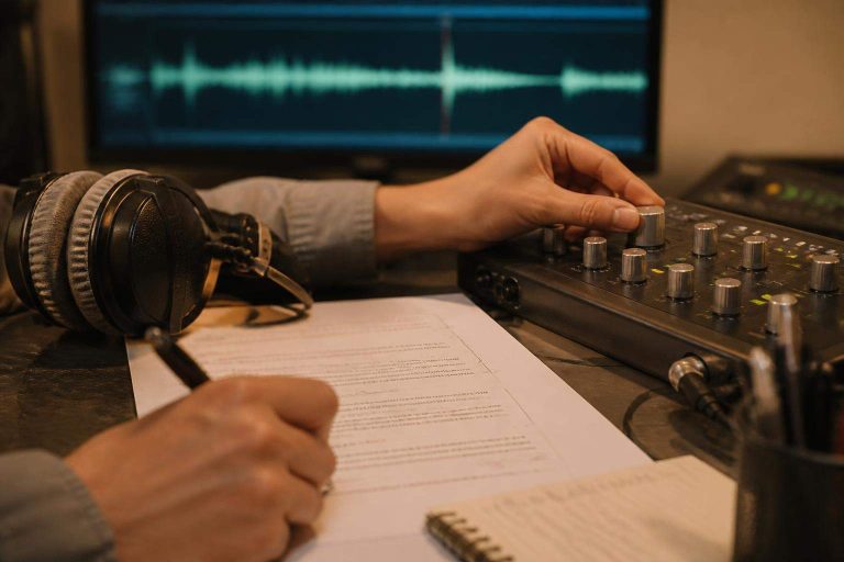 Guion anotado junto a auriculares y equipo de audio en un estudio de locución profesional.