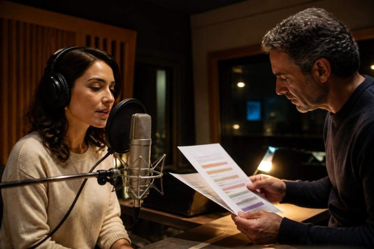 Locutora profesional grabando distintas versiones lingüísticas en un estudio de locución junto a un director de sesión