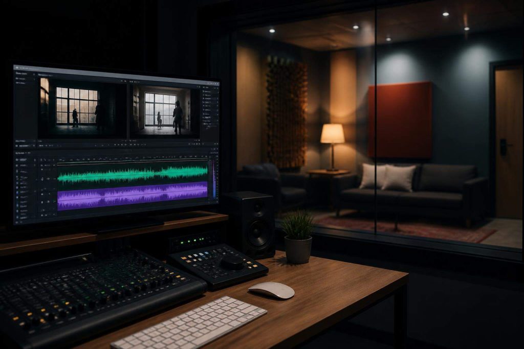 Línea de tiempo de edición audiovisual con dos pistas de voz para una escena dialogada