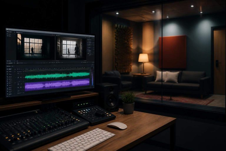 Línea de tiempo de edición audiovisual con dos pistas de voz para una escena dialogada