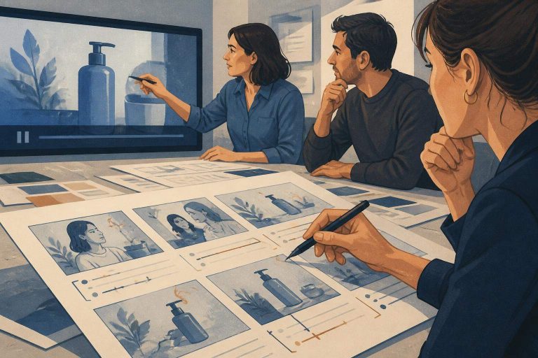 Equipo de una productora define el ritmo y la intención de una voz mientras revisa el storyboard de un anuncio