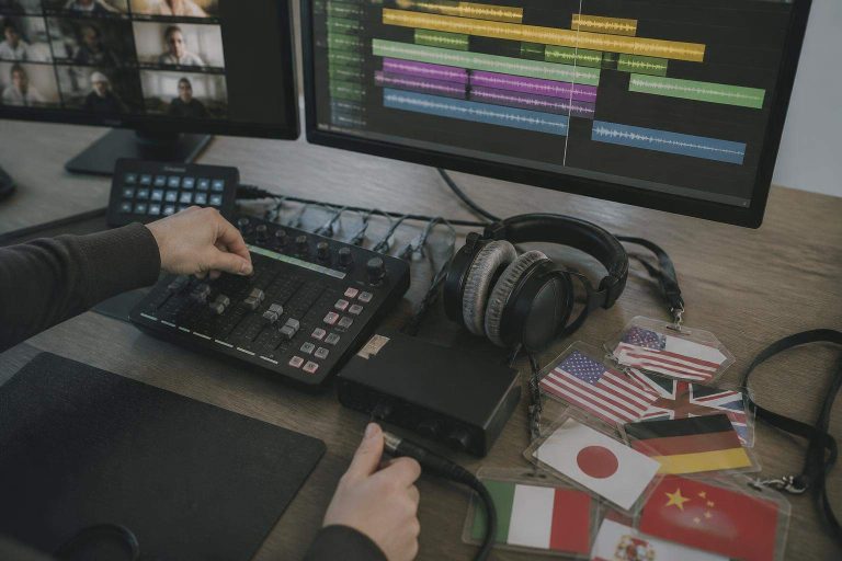 Sesión remota de producción de audio con videollamada y pistas de locución organizadas por idiomas