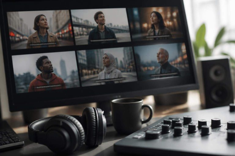 Pantalla con distintas versiones lingüísticas de una campaña internacional durante una revisión de producción audiovisual.