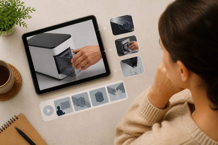 Persona siguiendo en una tableta un vídeo corporativo con audiodescripción de una demostración visual.
