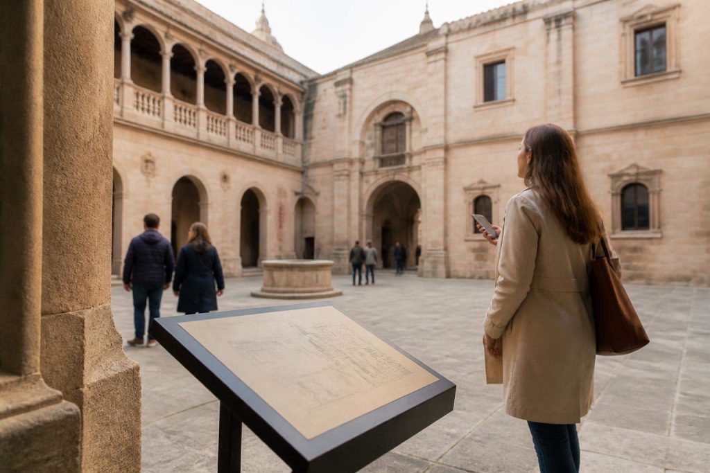 Visitante siguiendo una audioguía ante una inscripción en el patio de un palacio histórico.