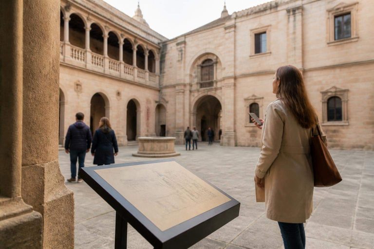 Visitante siguiendo una audioguía ante una inscripción en el patio de un palacio histórico.