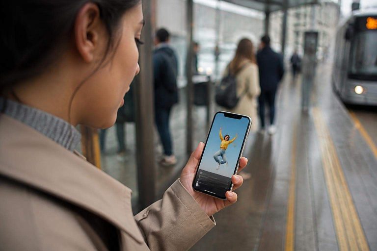 Persona viendo en su teléfono un anuncio vertical de una campaña para redes sociales en una parada de transporte.