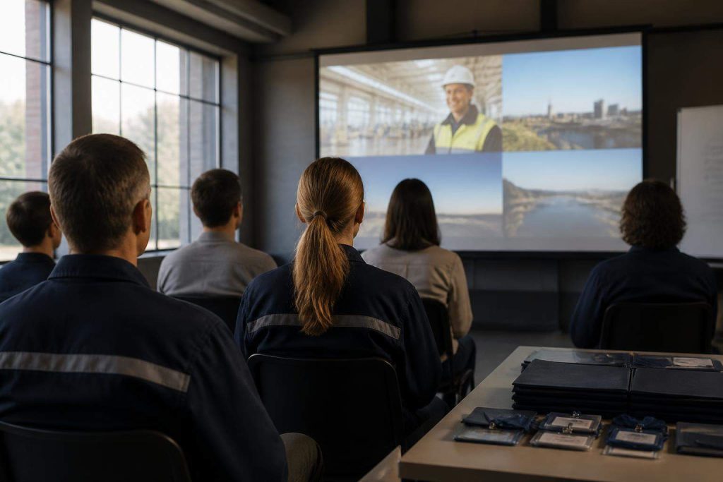 Empleados de una empresa viendo un vídeo corporativo durante una sesión de formación interna.