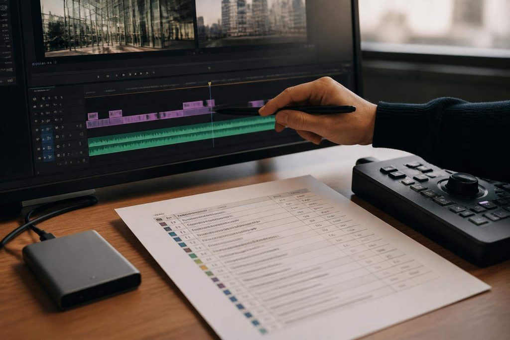 Editora revisando en pantalla una locución sincronizada con vídeo y la documentación de entrega del máster final.