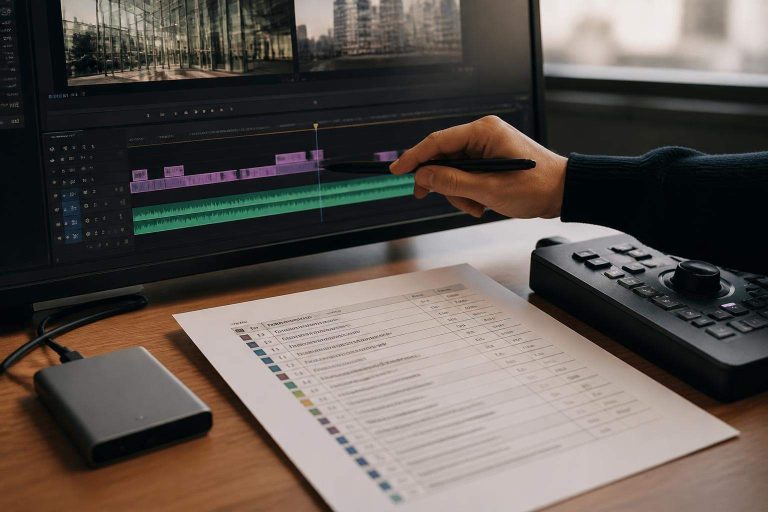 Editora revisando en pantalla una locución sincronizada con vídeo y la documentación de entrega del máster final.