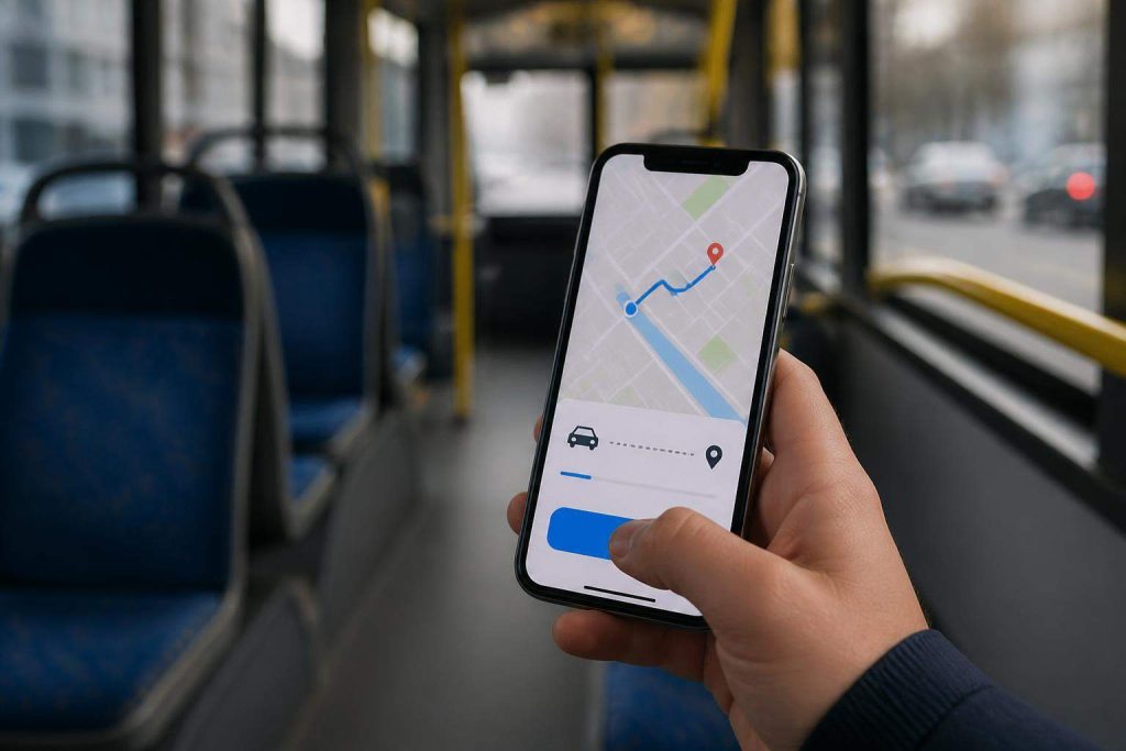 Persona usando una aplicación de transporte en el móvil mientras recibe una indicación hablada